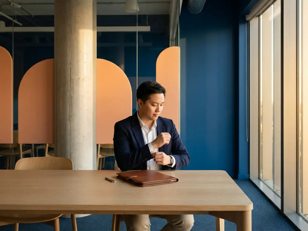 Zelfverzekerde professional in marineblauw colbert past manchet aan bij minimalistische interviewtafel in modern kantoor