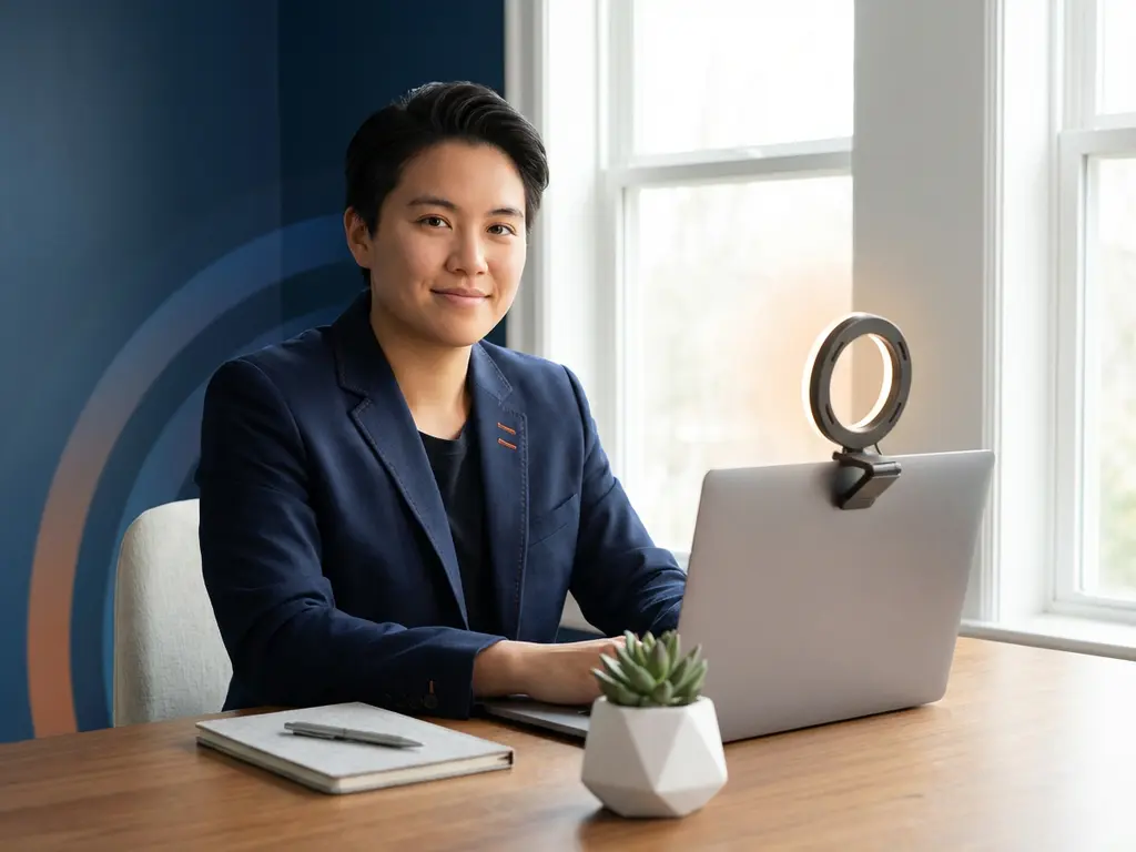 Jonge professional in marineblauw blazer bereidt zich voor op sollicitatiegesprek achter laptop met ringlicht