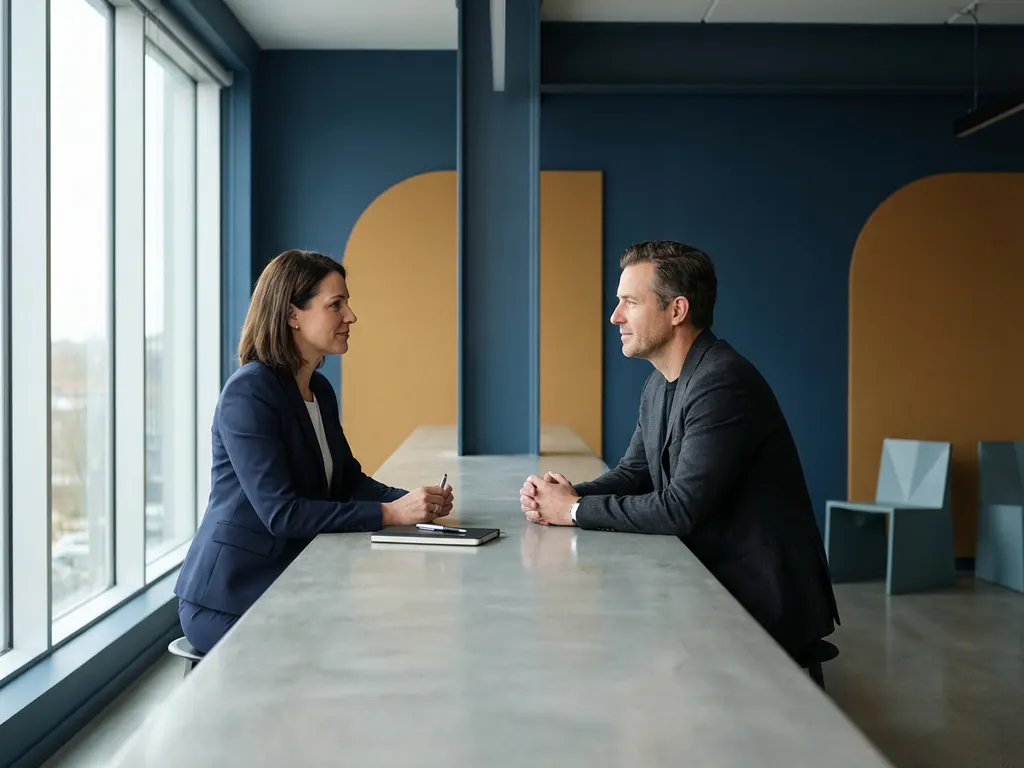 Zelfverzekerde professional in marineblauw pak tijdens sollicitatiegesprek aan minimalistisch bureau in modern kantoor