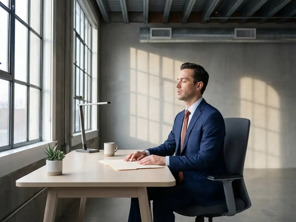 Zelfverzekerde professional in marineblauw pak met oranje stropdas neemt rustig adem voor interview aan modern bureau