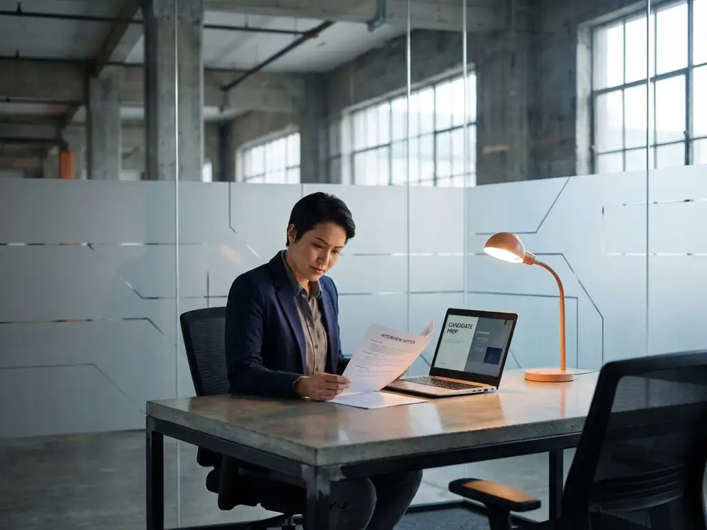 Zelfverzekerde professional bekijkt sollicitatienotities aan industrieel bureau met laptop in marineblauw kantoor met oranje accentverlichting