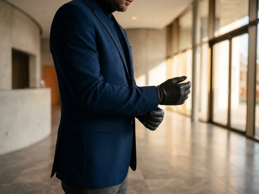 Professionele hand past manchet aan van marineblauw maatpak met oranje stiksels in moderne kantoorlobby met natuurlijk licht
