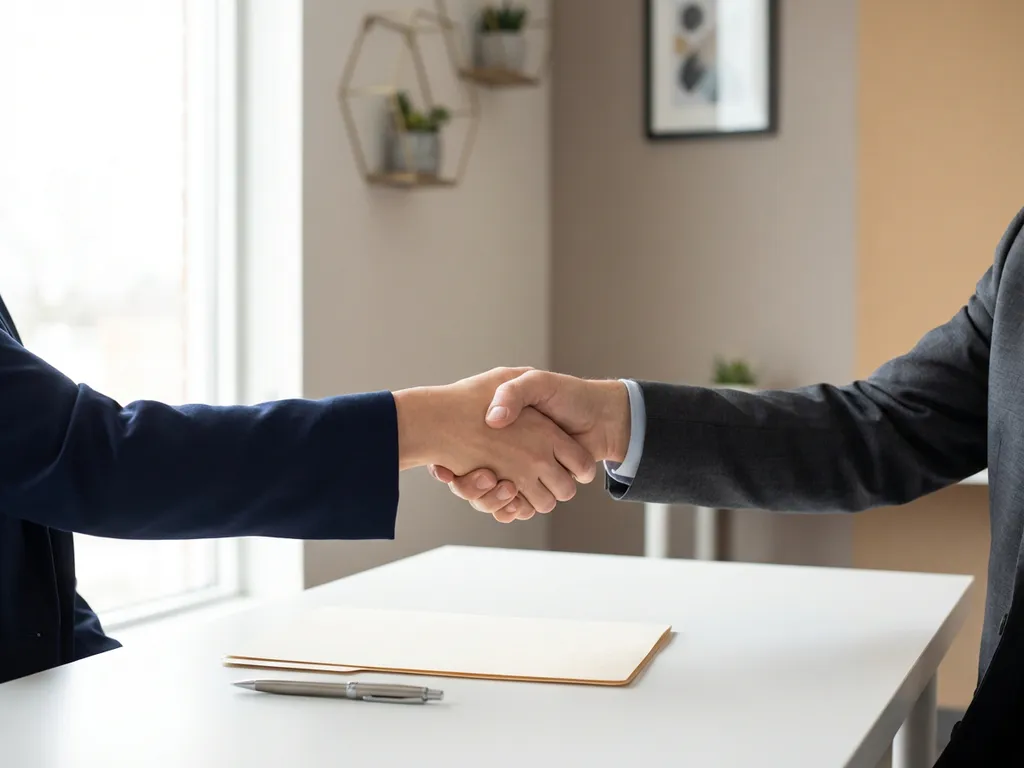 Professionele handdruk in minimalistische kantooromgeving met documentmap op wit bureau en warm natuurlijk licht