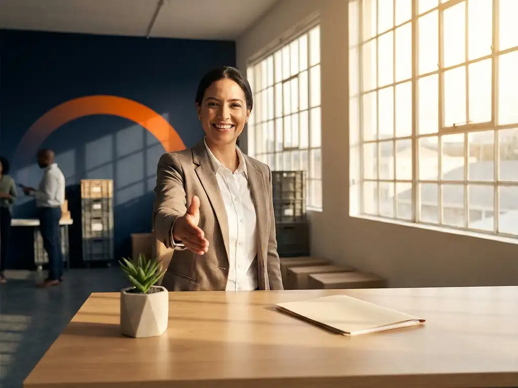 Professionele zakenman biedt handdruk aan in modern logistiek kantoor met natuurlijk licht en marineblauw interieur