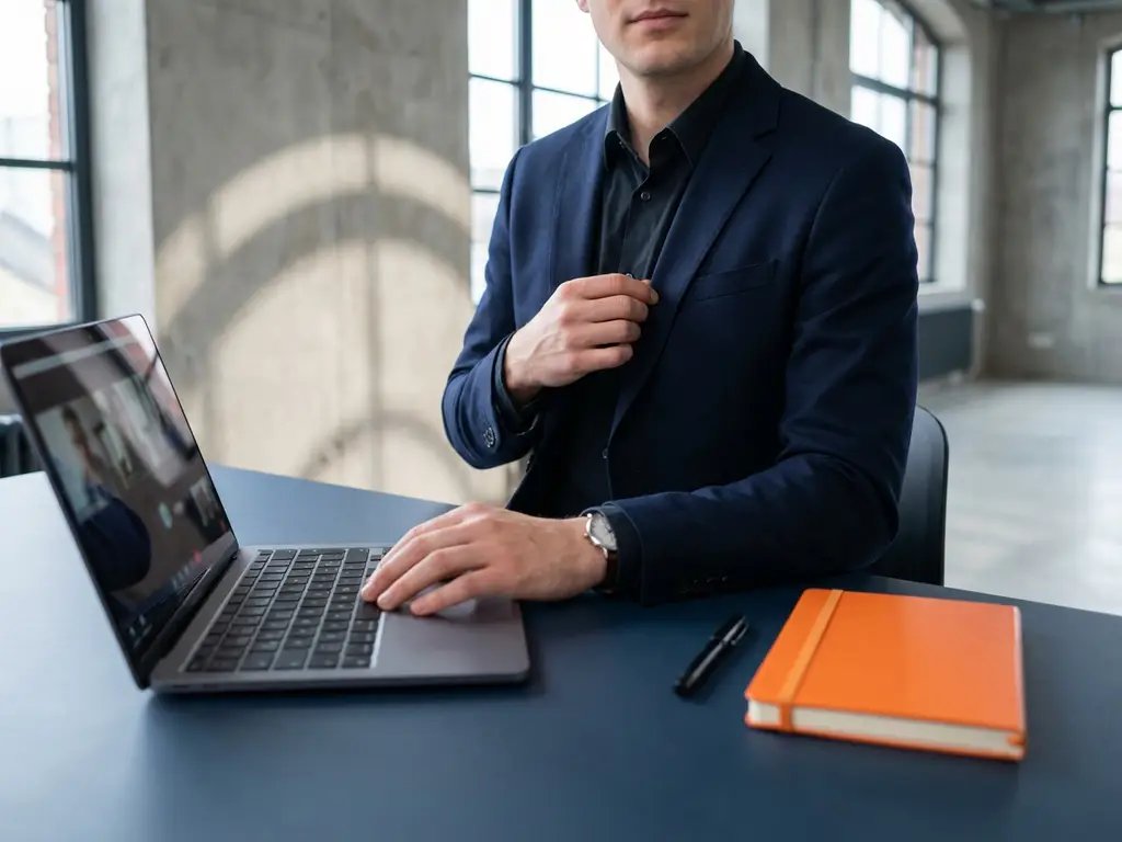 Professionele kandidaat zit zelfverzekerd aan minimalistisch bureau met laptop, oranje notitieboek in moderne werkruimte