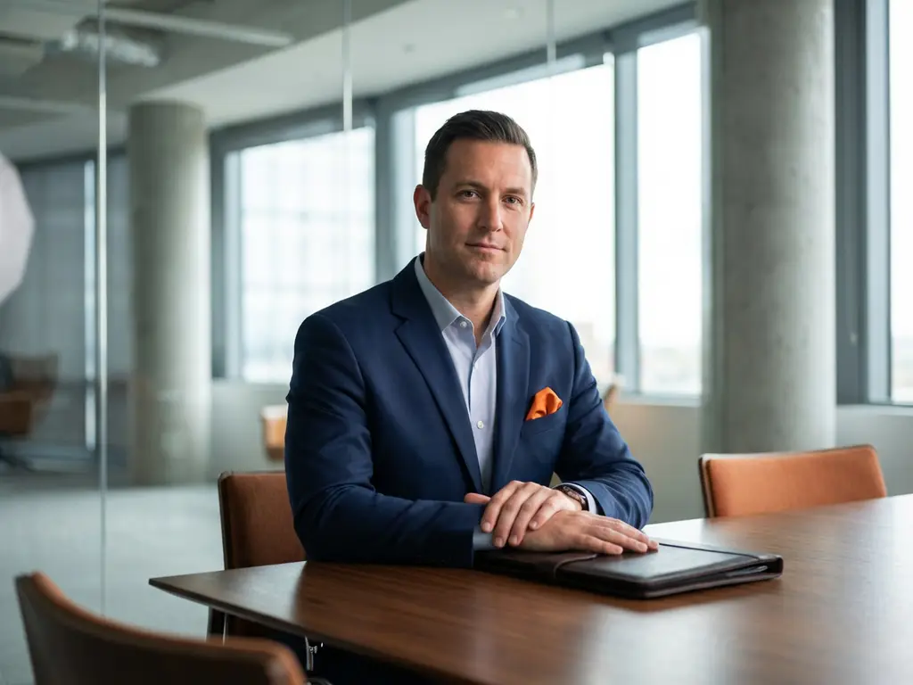 Zelfverzekerde sollicitant in donkerblauw pak met oranje pochet zit kalm aan moderne interviewtafel in licht kantoor