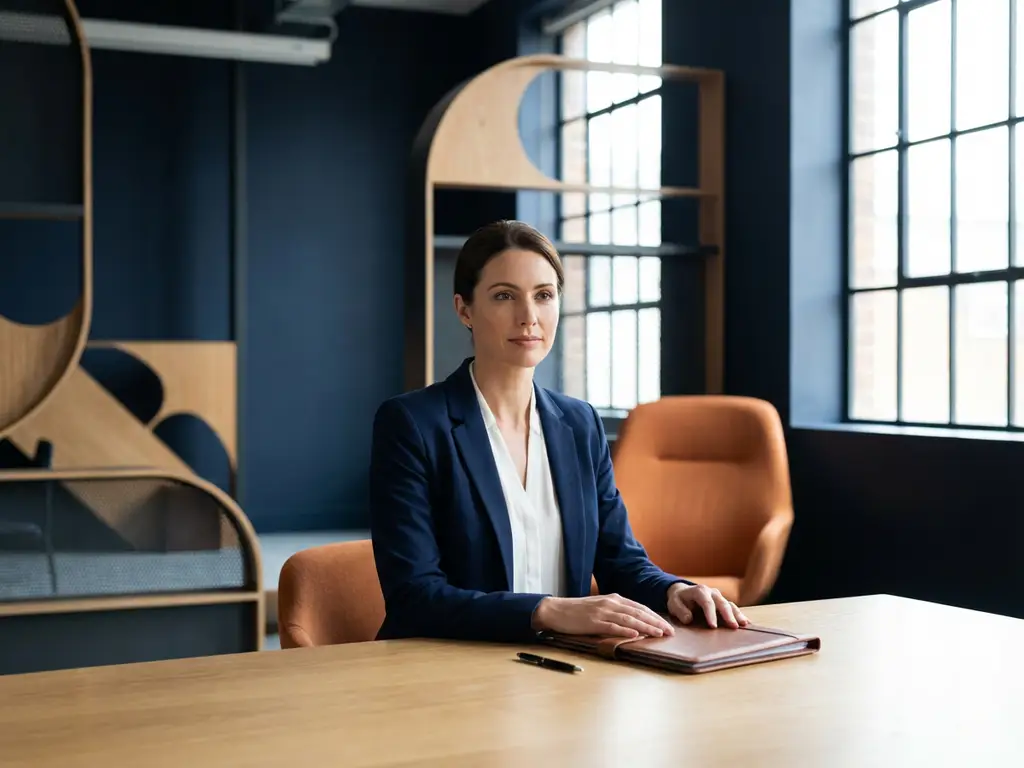 Zelfverzekerde sollicitant in professionele kleding zit rechtop aan interviewtafel met portfolio in modern kantoor
