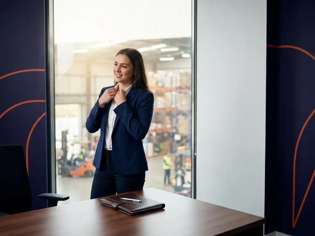 Zelfverzekerde professional in marineblauw jasje bij raam in modern logistiek kantoor met portfolio op bureau