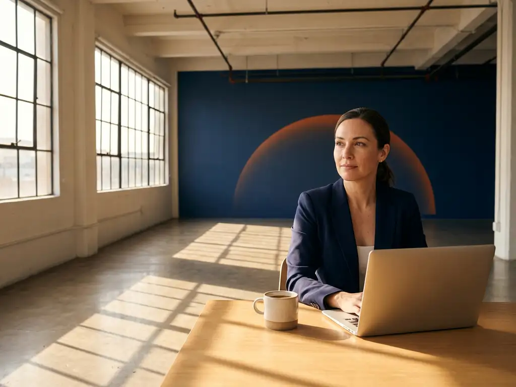 Professionele vrouw in marineblauw jasje zit nadenkend aan minimalistisch bureau met laptop in modern kantoor met ochtendlicht