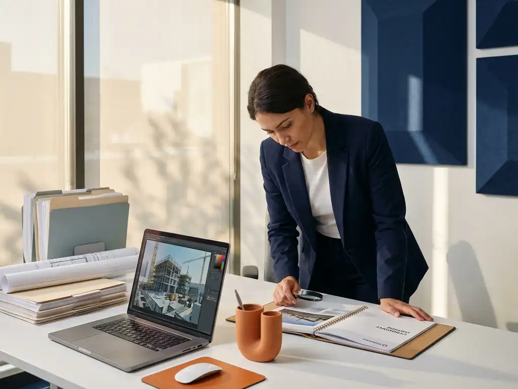 Professionele vrouw bestudeert bedrijfsportfolio aan wit bureau met laptop, in minimalistisch kantoor met natuurlijk daglicht