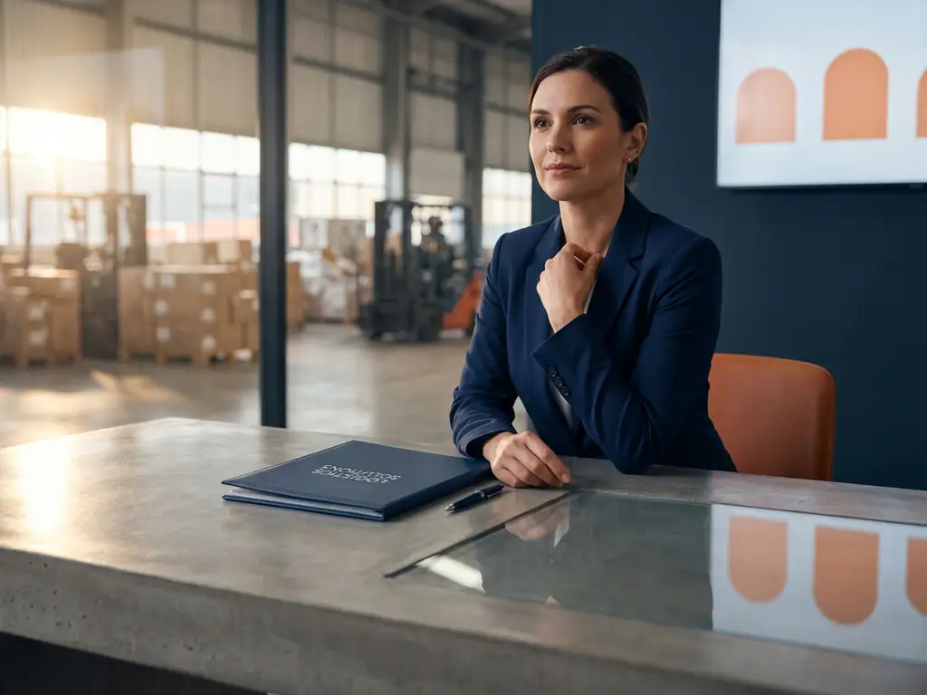 Zelfverzekerde professional in marineblauw colbert aan modern bureau met map, oranje accenten en industriële ramen op achtergrond