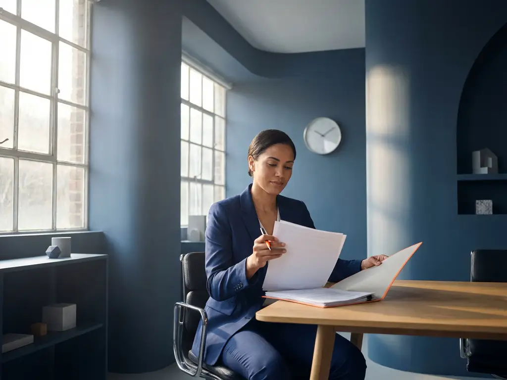 Zelfverzekerde professional in marineblauw pak bestudeert voorbereidingsnotities aan modern bureau in minimalistisch kantoor met ochtendlicht