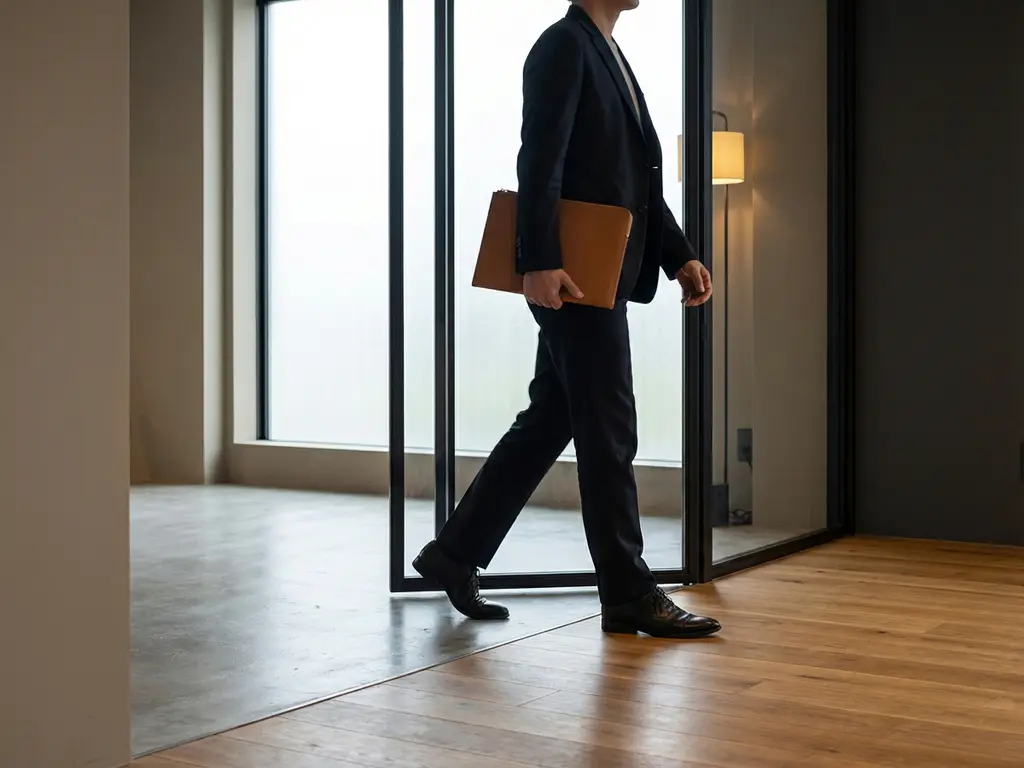 Zelfverzekerde professional loopt met leren portfolio door minimalistische deuropening van betonvloer naar warm houten vloer