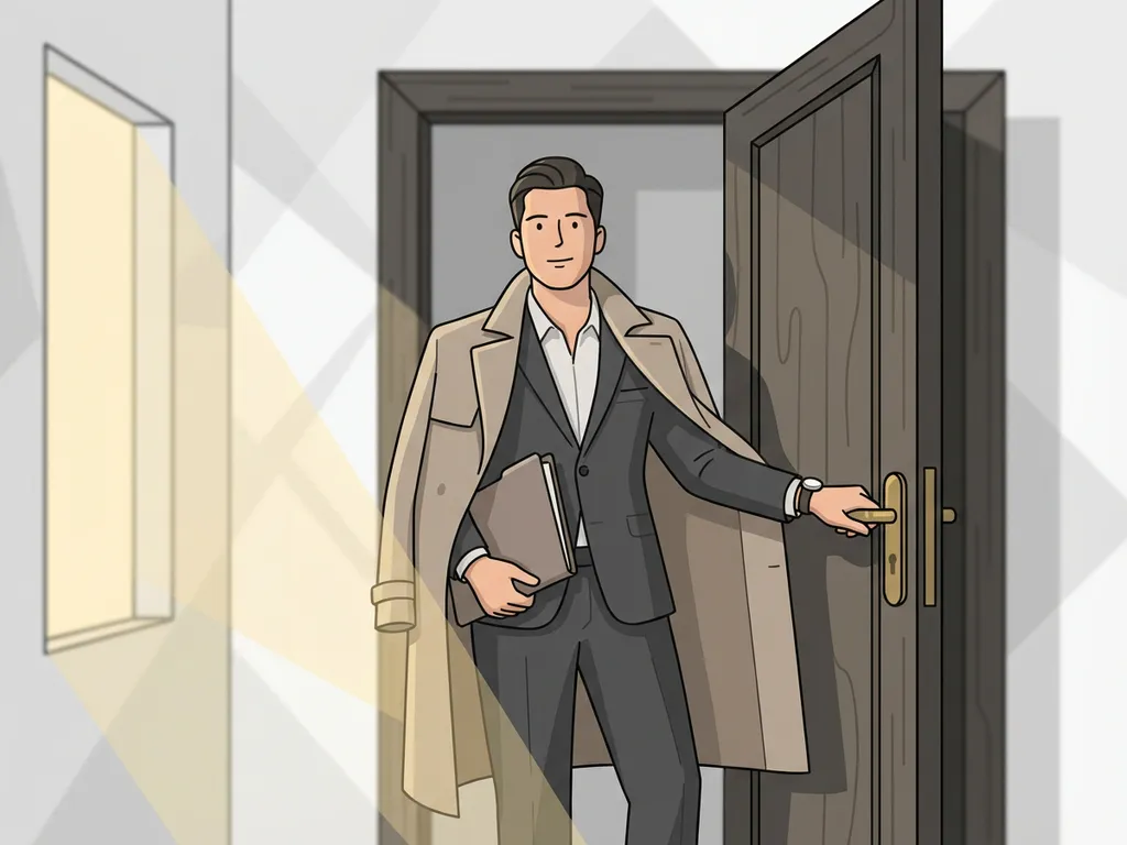 Zelfverzekerde professional in zakelijke kleding bij deuropening met map onder de arm, zacht ochtendlicht, minimalistische vectorstijl.