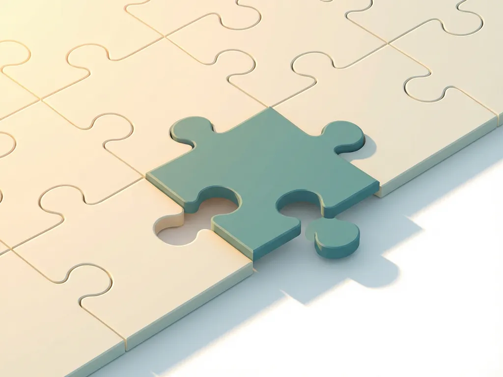 Puzzelstukje past perfect in minimalistische legpuzzel, zachte schaduw op wit oppervlak, warme verlichting, crème en groenblauw tinten