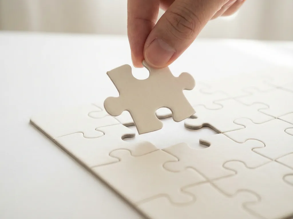 Vingertoppen plaatsen laatste puzzelstukje in bijna complete witte puzzel, minimalistisch met zachte natuurlijke belichting