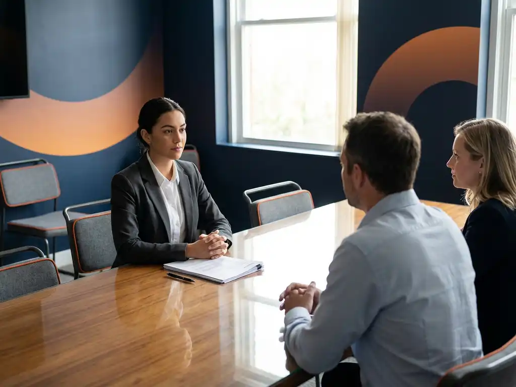 Zelfverzekerde sollicitant tegenover twee recruiters aan moderne vergadertafel in strak kantoor met marineblauw en oranje accenten.