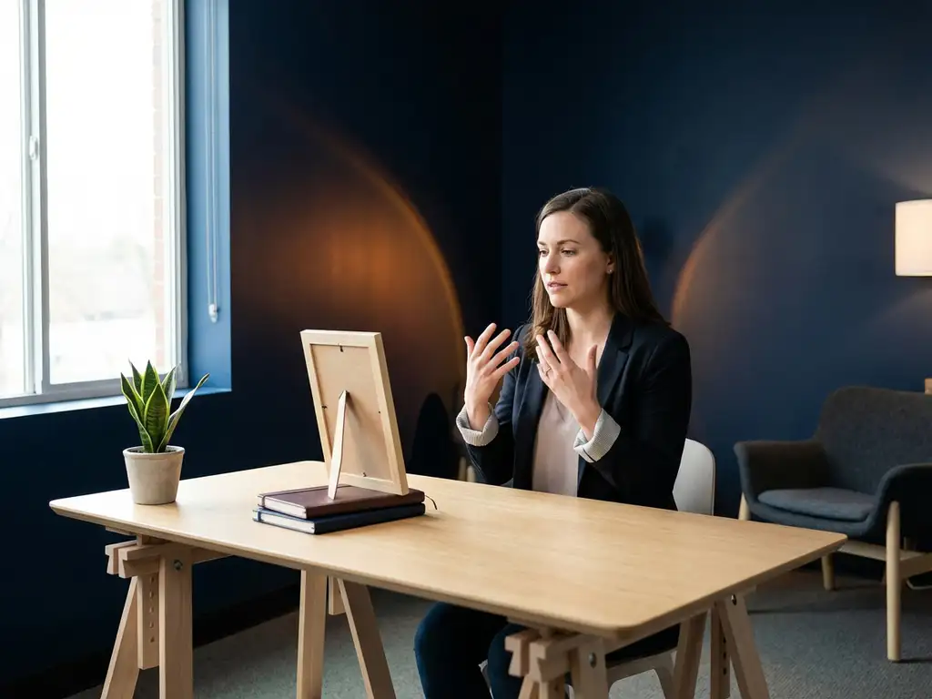 Jonge professional oefent sollicitatiegebaren met een spiegel aan een minimalistisch thuisbureau in natuurlijk daglicht