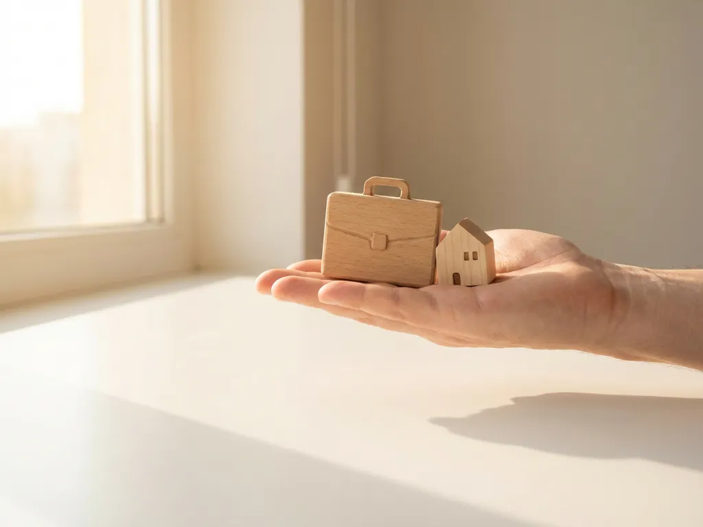 Ouderhand balanceert houten aktetas en huisje op open palm, minimalistisch met zachte ochtendverlichting en aardetinten