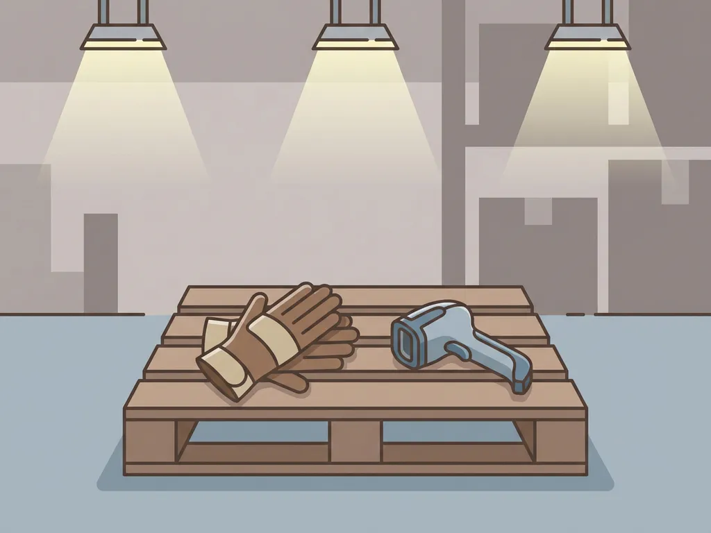 Werkhandschoenen en barcodescanner op houten pallet in magazijn, minimalistische vectorillustratie in aardtinten