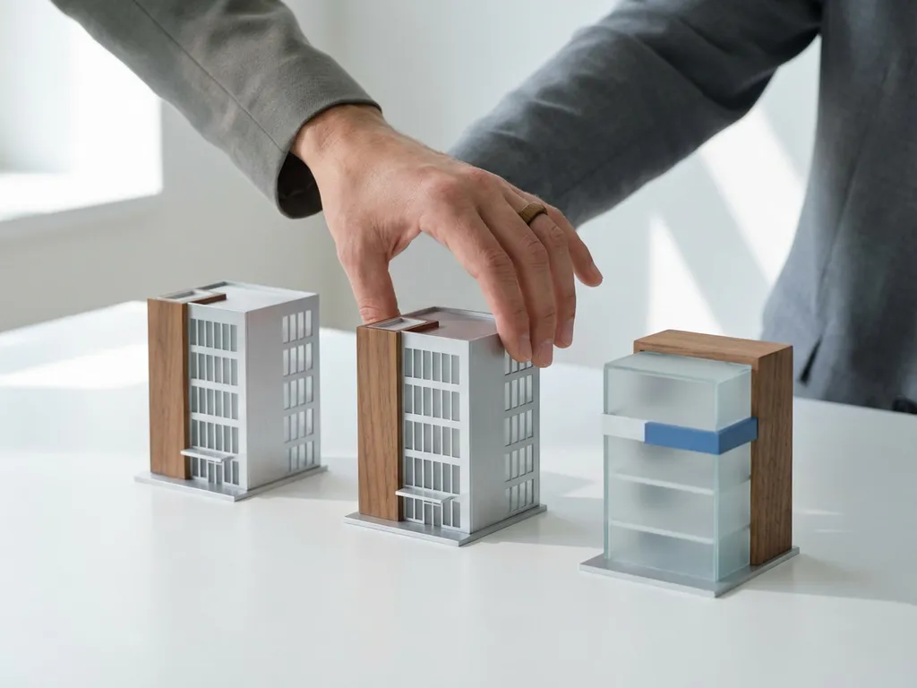 Professionele hand selecteert een kantoorgebouwmodel uit drie miniaturen op een minimalistisch wit bureau met zachte verlichting
