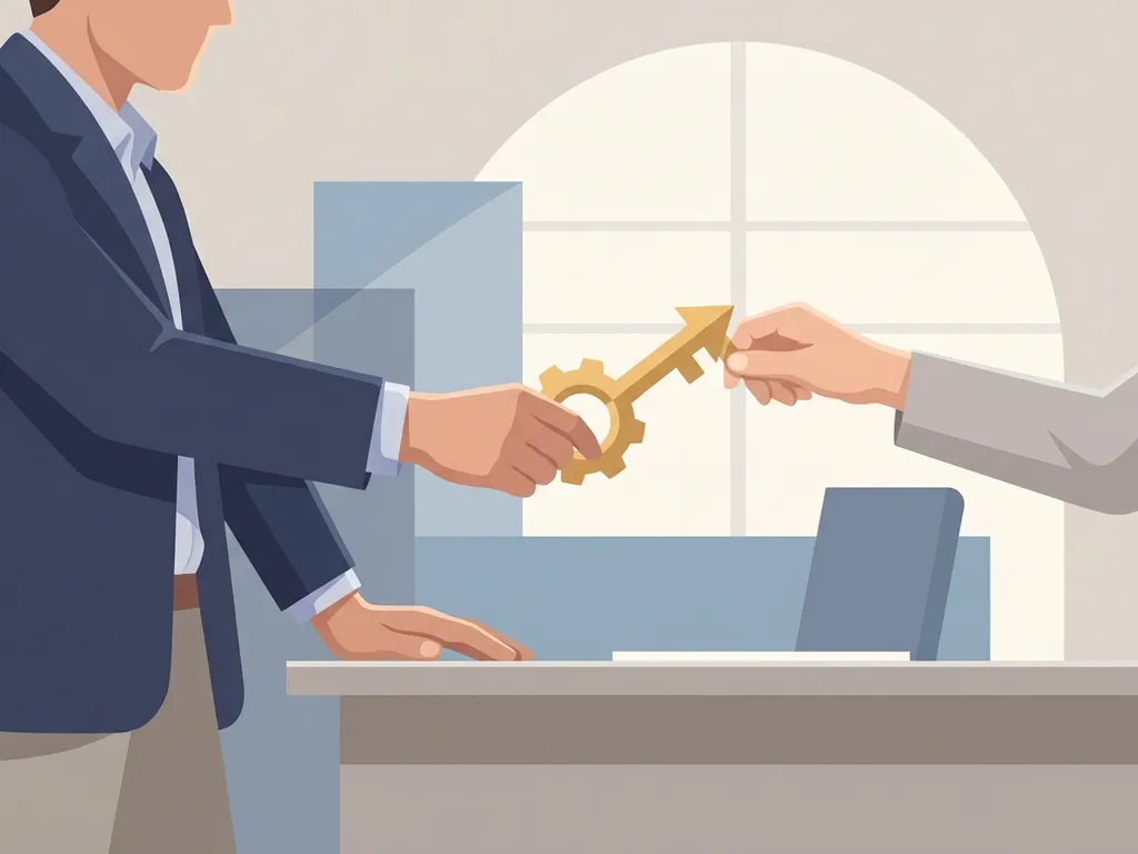 Professionele zakenman ontvangt symbolische sleutel van uitgestoken hand boven minimalistisch bureau in modern kantoor