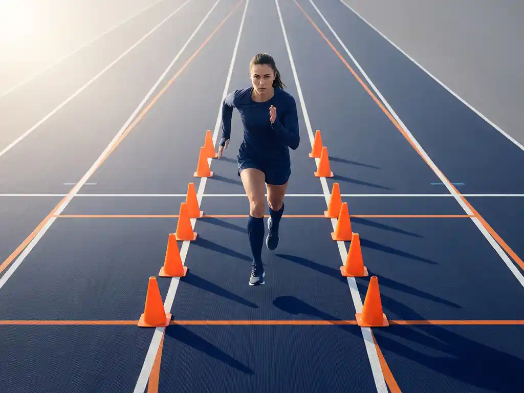 Atleet in marineblauw sportkleding sprint tussen oranje trainingspionnen op minimalistische atletiekbaan in ochtendlicht