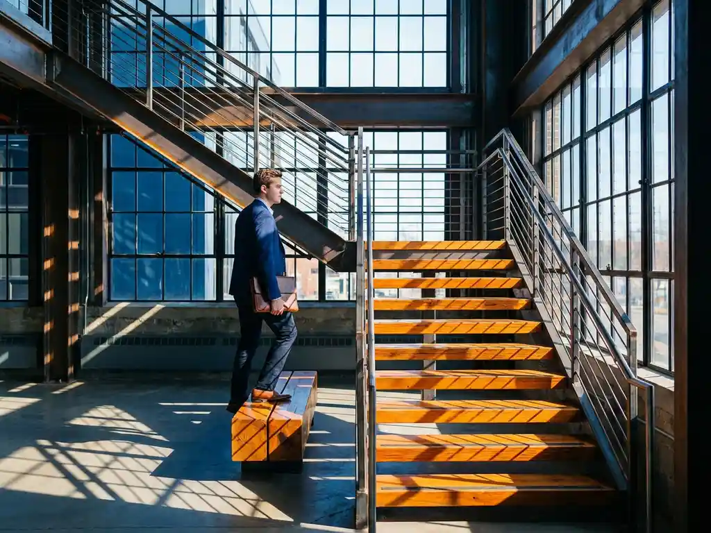 Jonge professional in marineblauw colbert beklimt moderne industriële trap van staal en hout, met geometrische architectuur en warm zonlicht