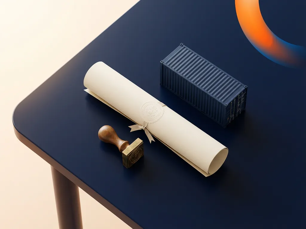 Diploma met officieel zegel naast koperen douanestempel en miniatuur vrachtcontainer op marineblauw oppervlak, bovenaanzicht met oranje accentvorm.