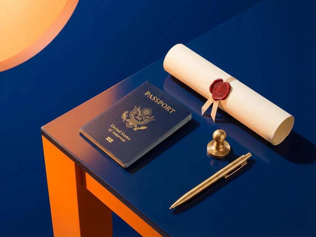 Diplomatiek paspoort naast opgerold universitair diploma met lakzegel, douanestempel en koperen pen op marineblauw bureau.
