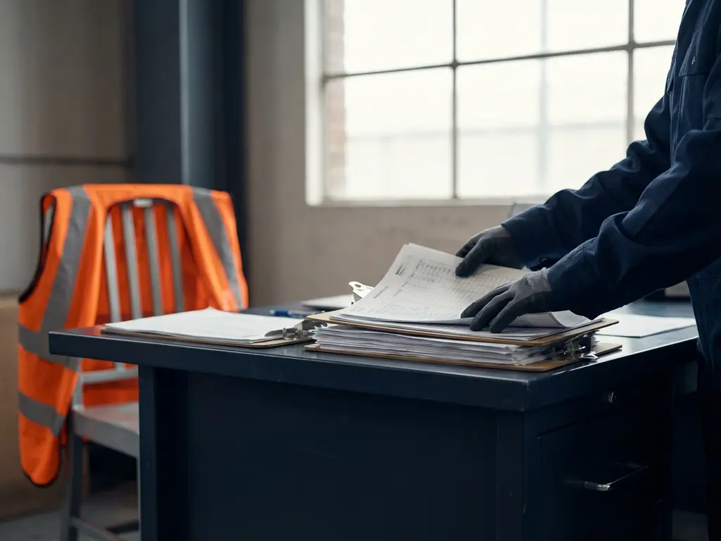 Douanebeambte organiseert verzendpapieren op marineblauw bureau, oranje veiligheidsvest over stoel, natuurlijk licht door pakhuisramen.