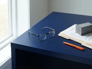 Bril op donkerblauw douanebureau naast officiële documenten en miniatuur vrachtcontainer, oranje pen als accent.