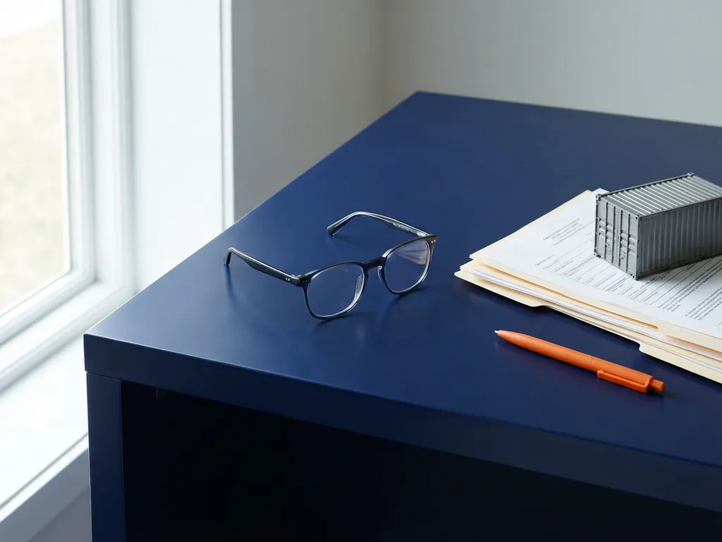 Bril op donkerblauw douanebureau naast officiële documenten en miniatuur vrachtcontainer, oranje pen als accent.