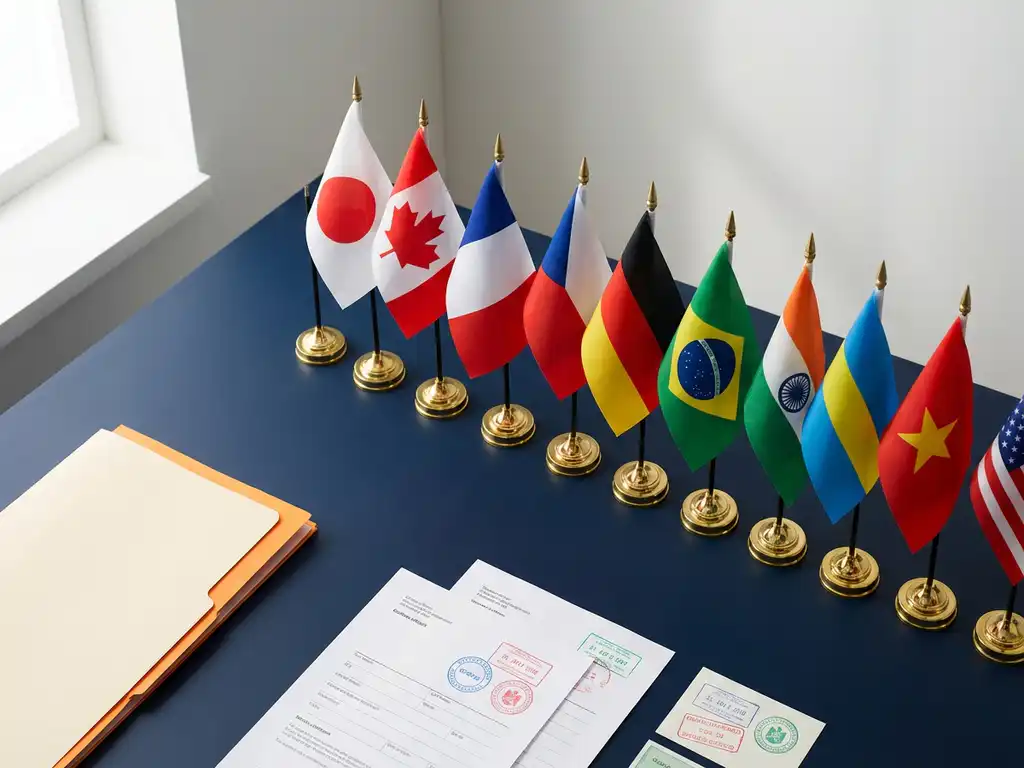 Douanebureau met rij kleine nationale vlaggen in koperen houders, officiële documenten met kleurrijke stempels op marineblauw bureau.