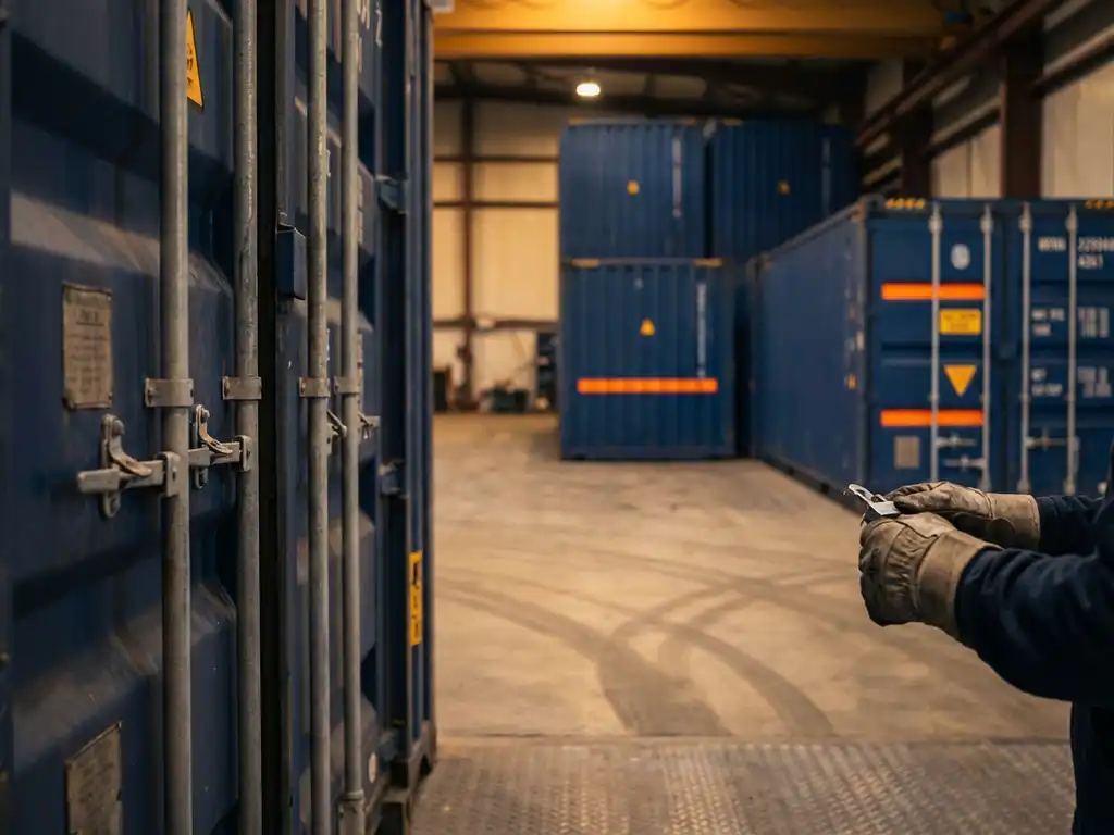 Gehandschoende handen van douanebeambte inspecteren containerzegels in industrieel magazijn met gestapelde marineblauwe vrachtcontainers.
