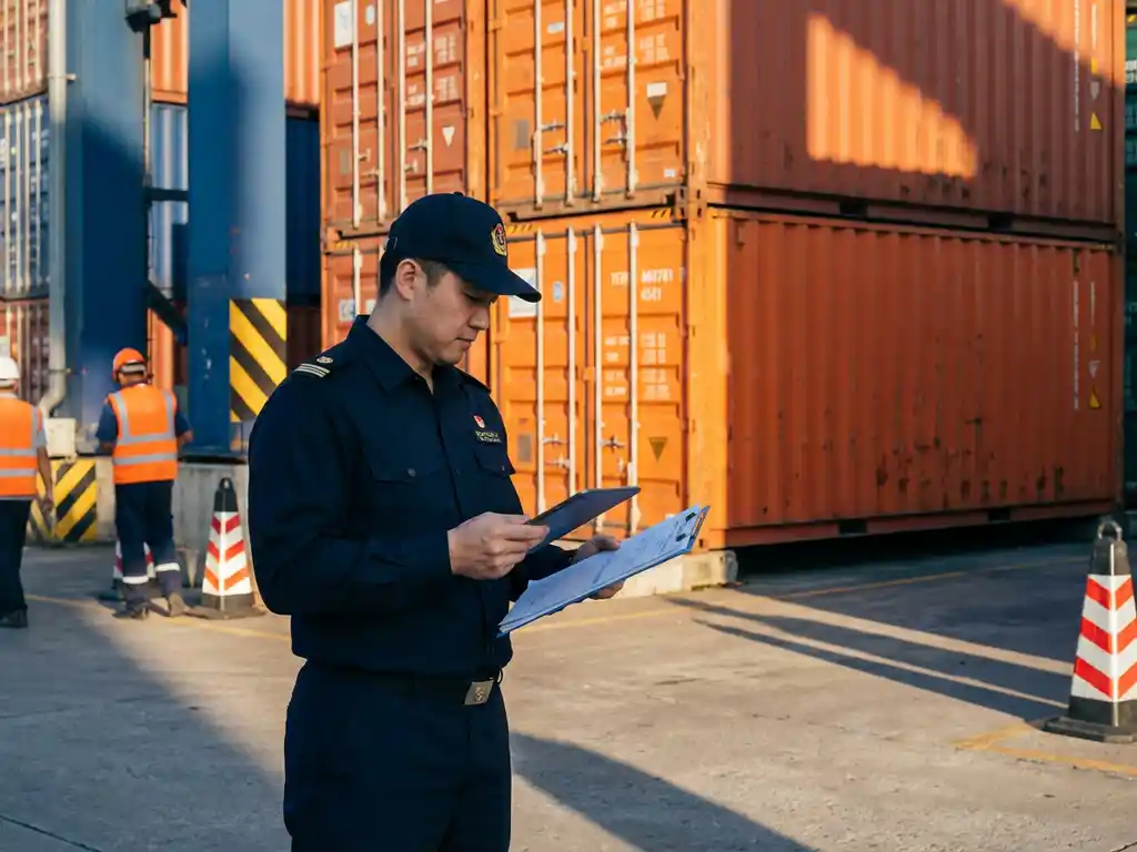 Douanebeambte in marineblauw uniform controleert verzendpapieren bij containerterminal met oranje zeecontainers op achtergrond