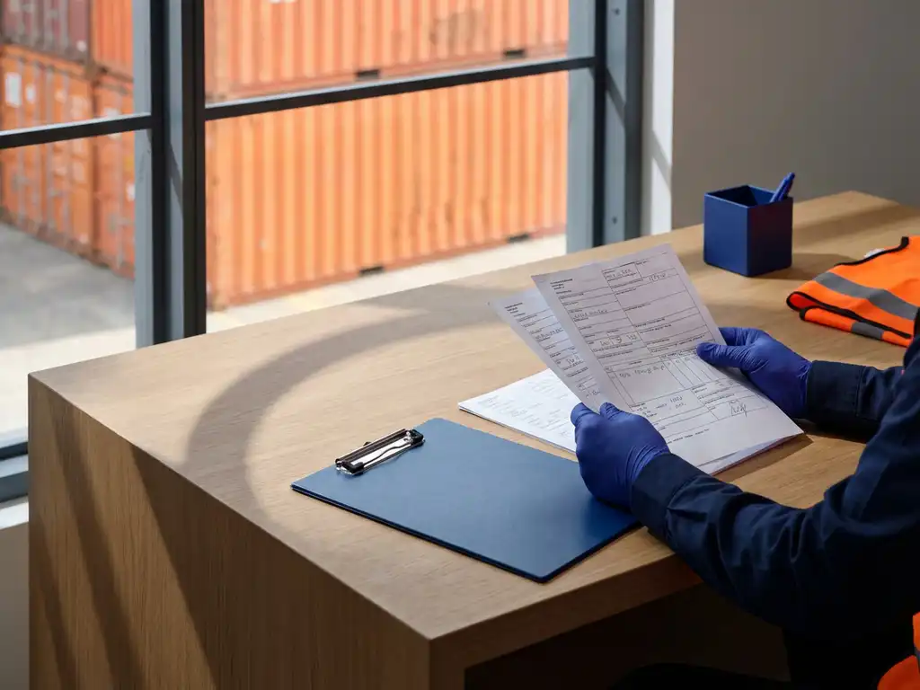 Handen van douanebeambte controleren verzendpapieren bij marineblauw klembord, oranje vrachtcontainer zichtbaar door pakhuisraam