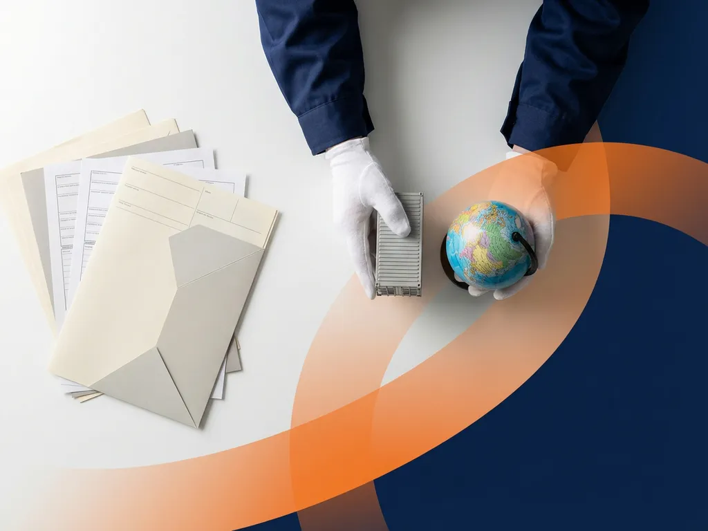 Handen van douanebeambte onderzoeken miniatuur vrachtcontainer en wereldbol op wit bureau met verschepingsdocumenten.