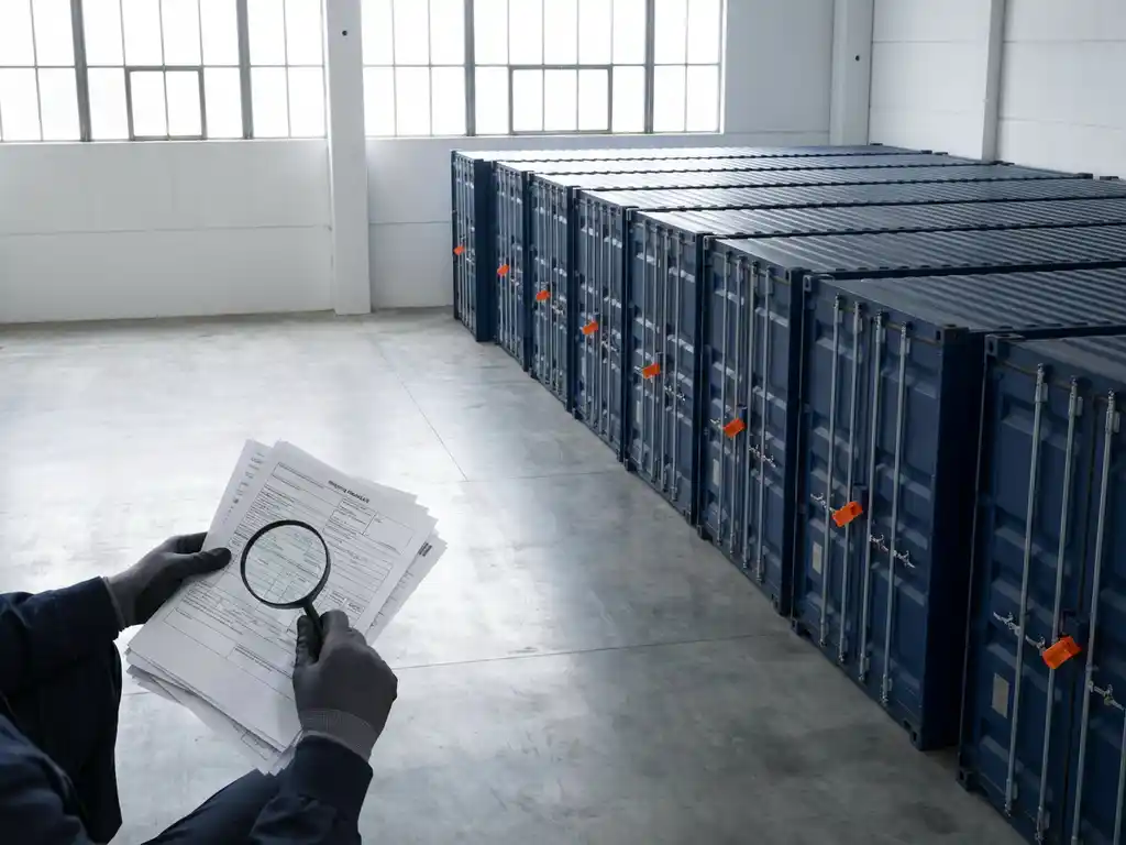 Handen van douanebeambte controleren verzendpapieren naast rij verzegelde vrachtcontainers met oranje veiligheidszegels in industriële omgeving.