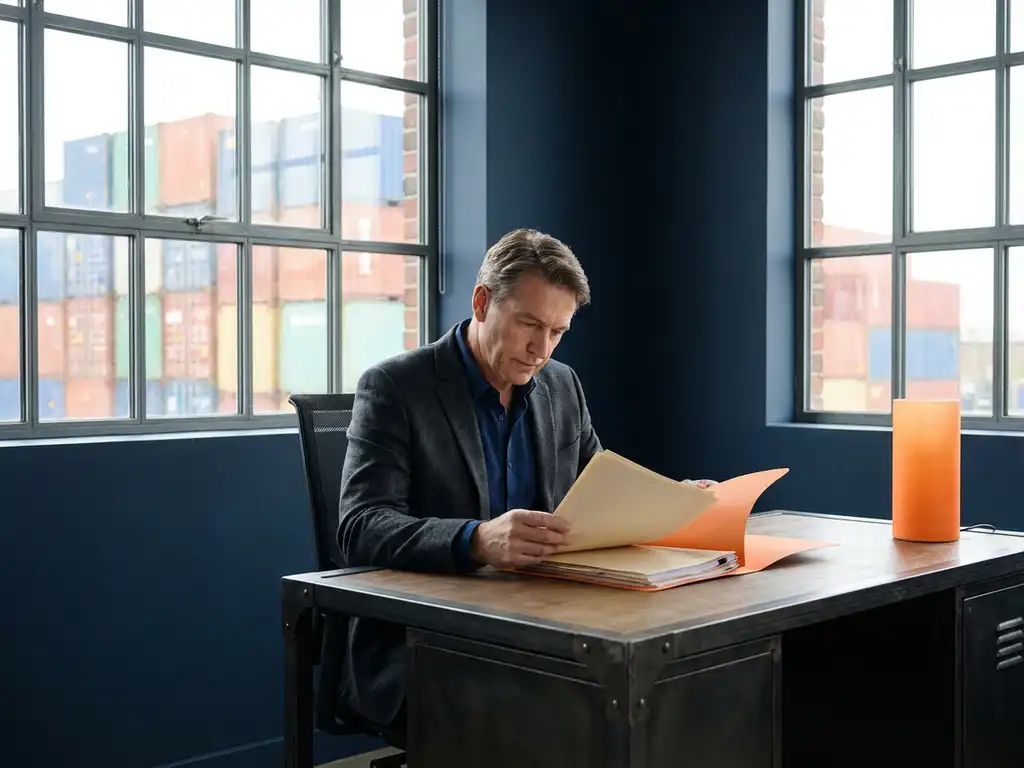Ervaren professional bekijkt douanedocumenten aan industrieel bureau met oranje mappen, scheepscontainers zichtbaar door ramen.