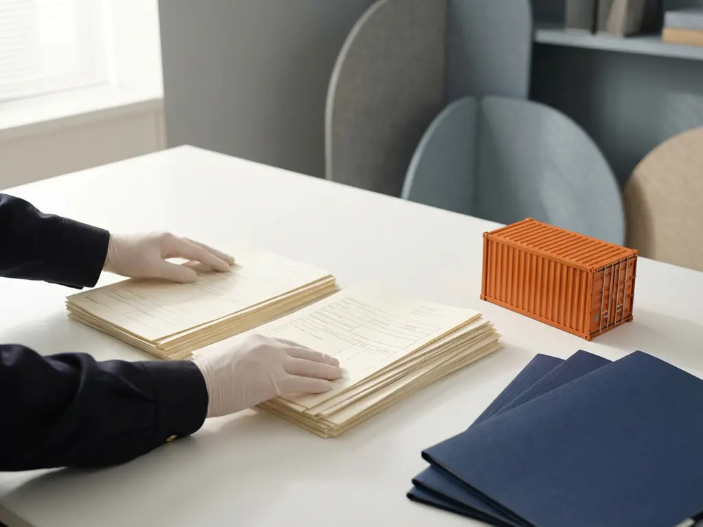 Handen van douanebeambte ordenen verzendingsdocumenten naast oranje containermodel en marineblauwe mappen op wit bureau