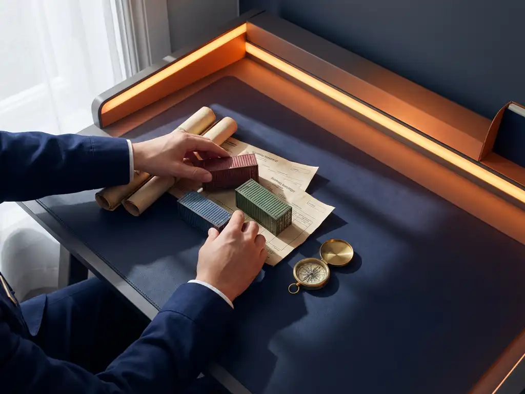 Handen van douanebeambte schikken miniatuur vrachtcontainers, scheepsdocumenten en koperen kompas op marineblauw bureau met oranje accentverlichting.
