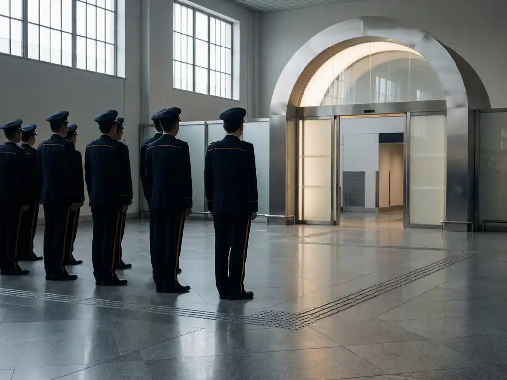 Rij professionele douanebeambten in marineblauw uniform met oranje accenten in moderne inspectiehal met geometrische vloertegels en natuurlijk licht.