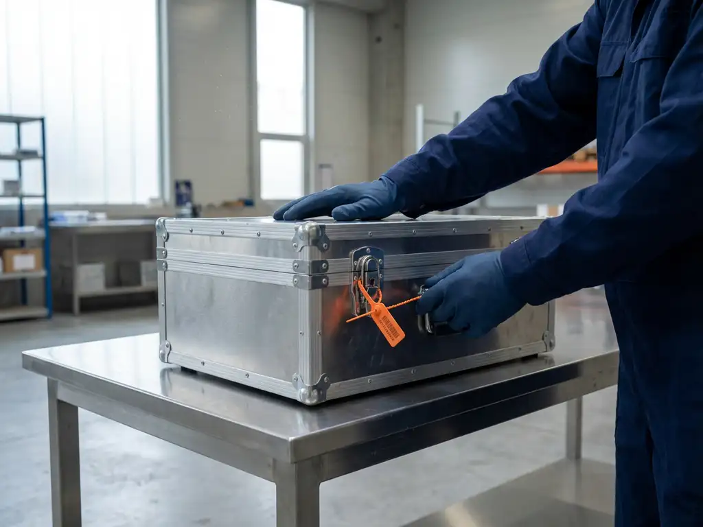 Gehandschoende handen van douanebeambte inspecteren verzegelde metalen koffer met oranje veiligheidszegel op roestvrijstalen tafel in magazijn.