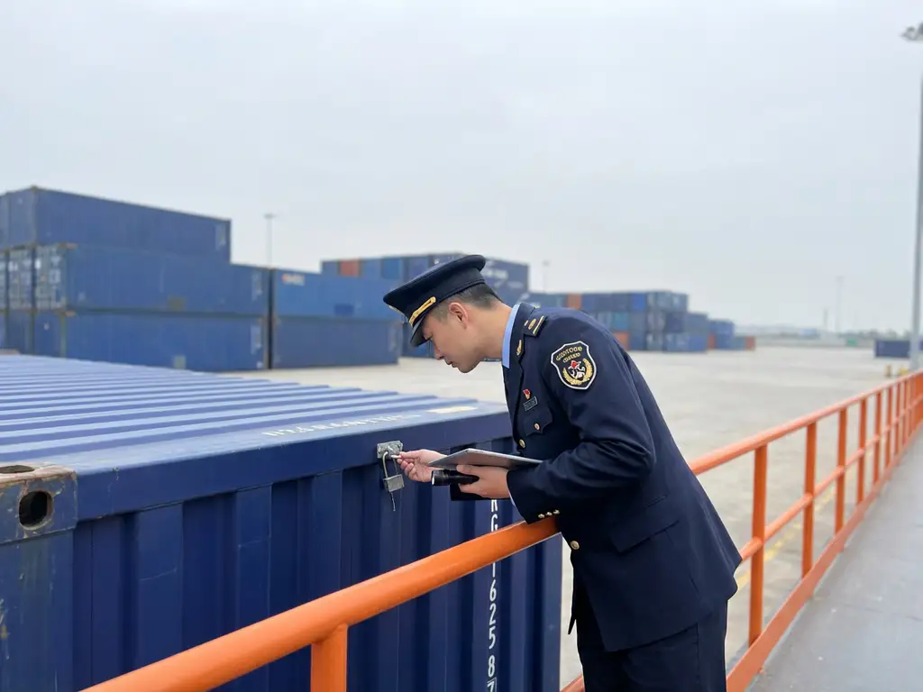 Douanebeambte in marineblauw uniform controleert containerzegel bij haventerminal met gestapelde vrachtcontainers en oranje veiligheidsreling