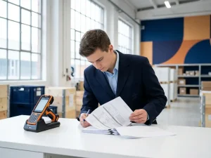 Douanebeambte in marineblauw uniform controleert verzendingsdocumenten bij modern inspectiepunt met oranje scanapparatuur in verlicht magazijn