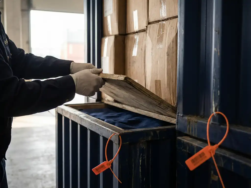 Handen van douanebeambte inspecteren verborgen compartimenten tussen vrachtdozen in donkerblauwe scheepscontainer met oranje verzegeling.
