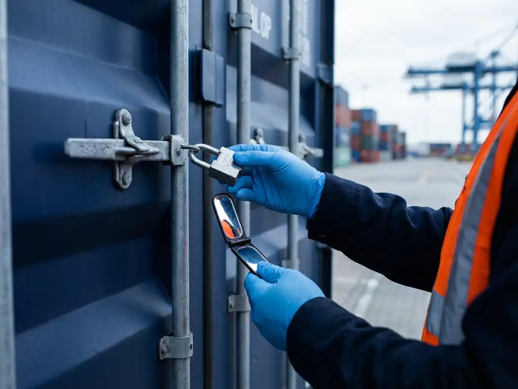 Gehandschoende handen van douanebeambte inspecteren containerslot met spiegeltje, oranje veiligheidsvest tegen marineblauw container, havensetting.