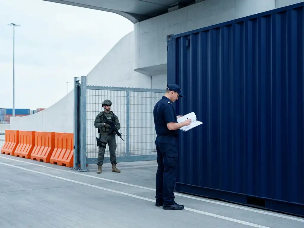 Douanebeambte controleert verzendpapieren naast vrachtcontainer terwijl marechaussee wacht bij grenspost met oranje veiligheidshekken.