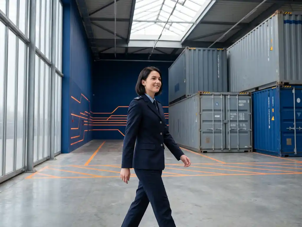 Jonge douanemedewerker in marineblauw uniform loopt door moderne inspectiehal met ordelijke vrachtcontainers en oranje accentlijnen.